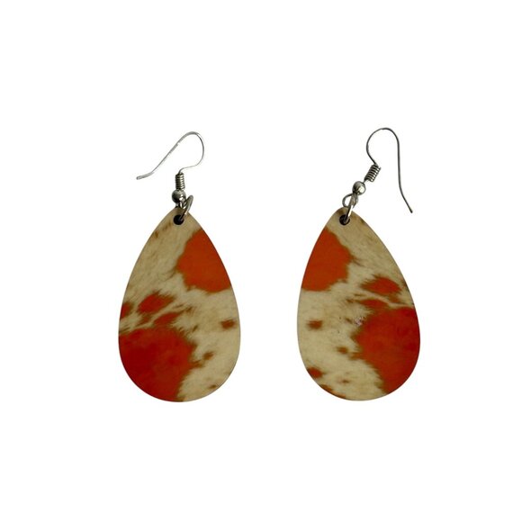 Teardrop Earrings For Women In Orange & White Geometric Design - Picture 2 of 3